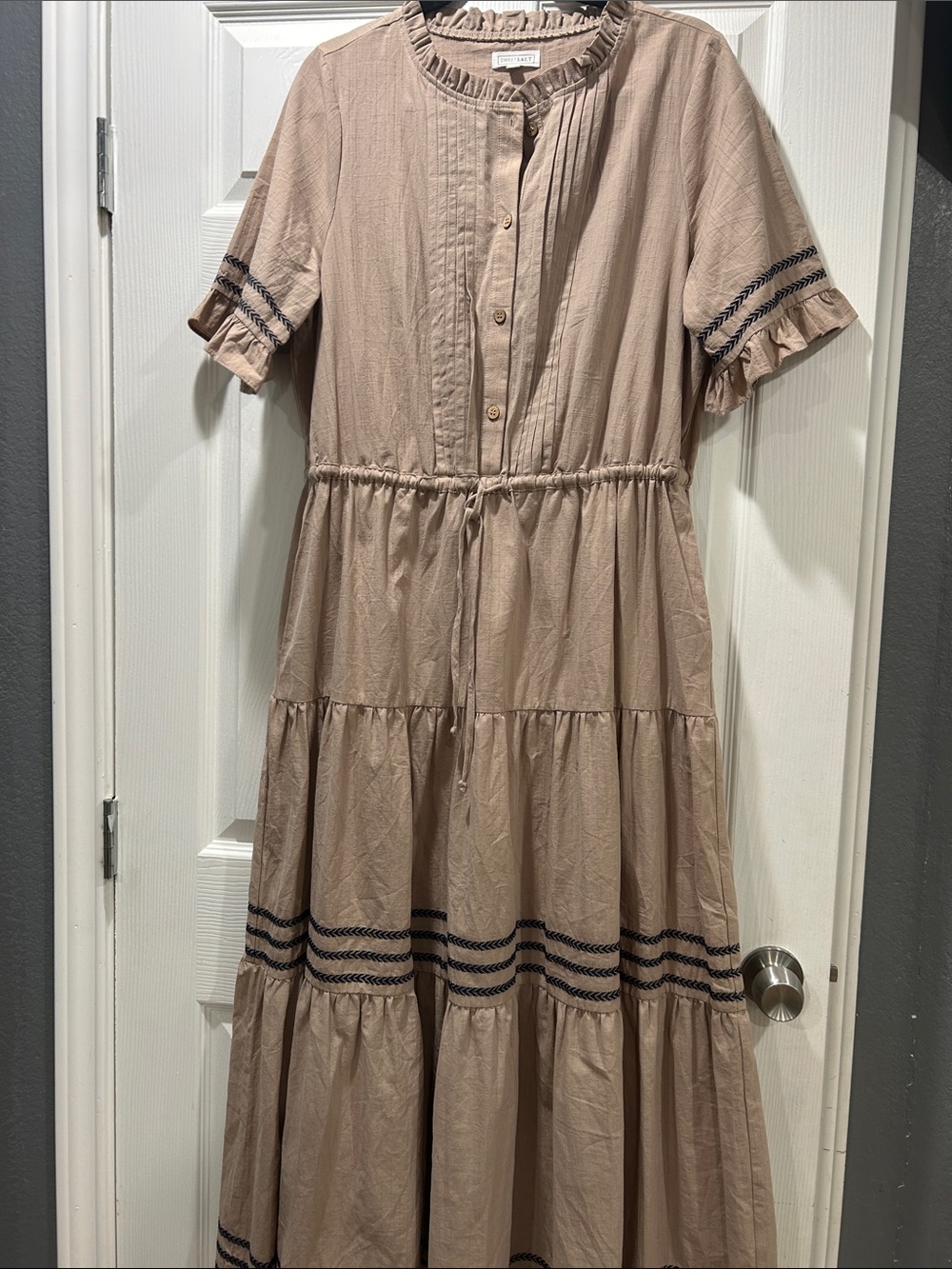 Sweet salt Tiered Beige Short-Sleeve Maxi Dress with Drawstring Waist